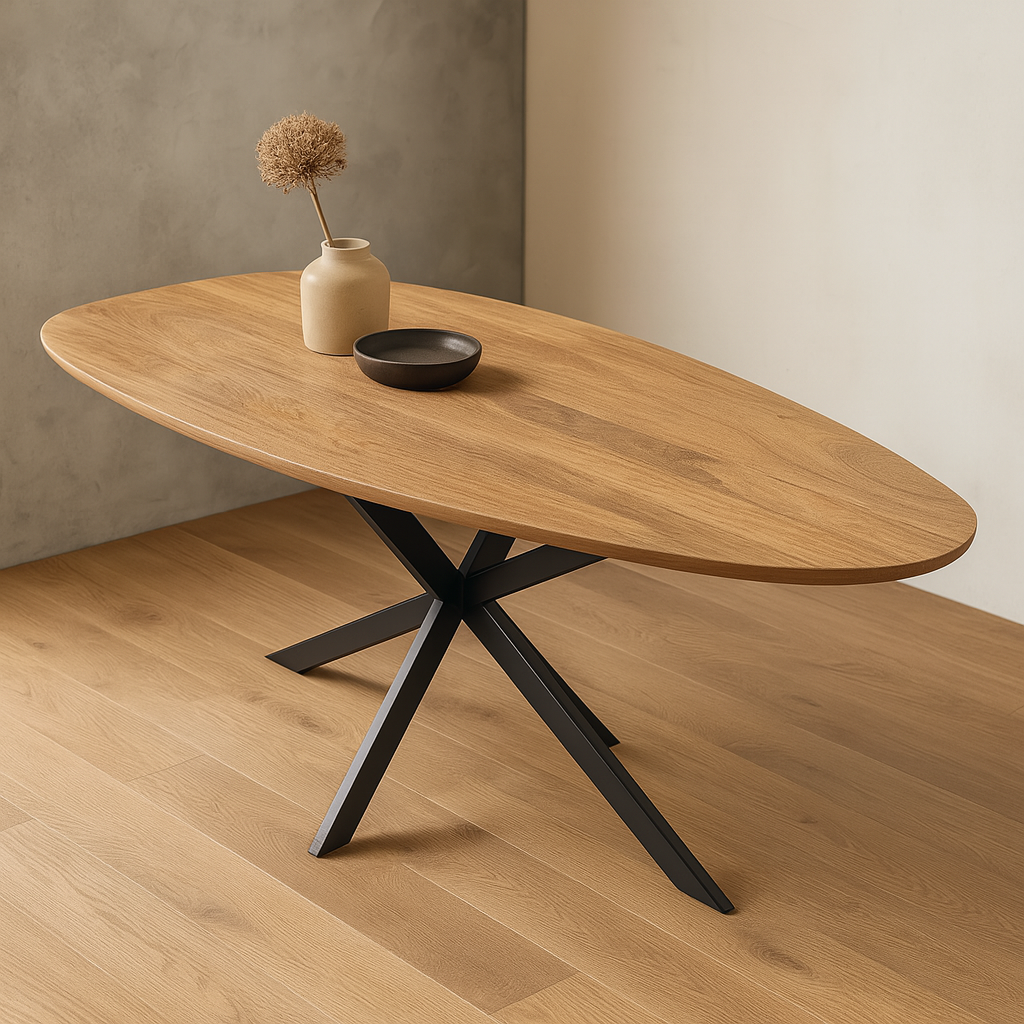 Organische eettafel in het houten met zwart metalen details. 