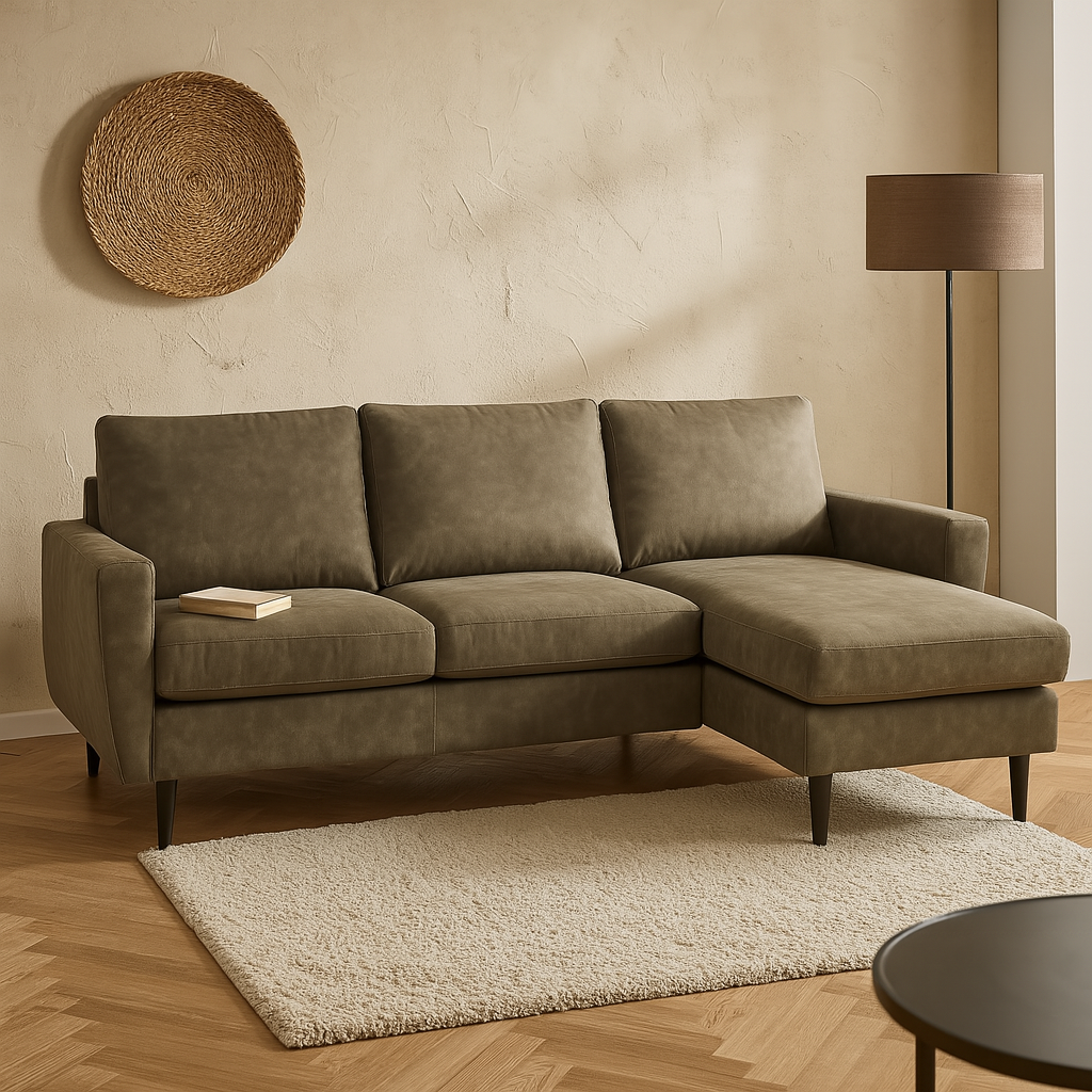 Groen/bruine hoekbank. 