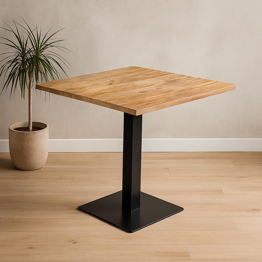 Vierkante tafel met zwarte tafelpoot. 