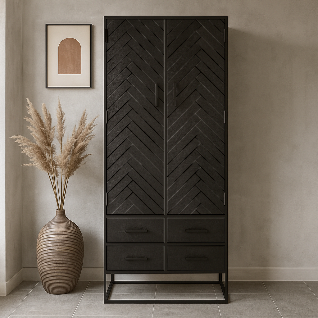 Zwarte wandkast met visgraatpatroon van mangohout 80 cm breed