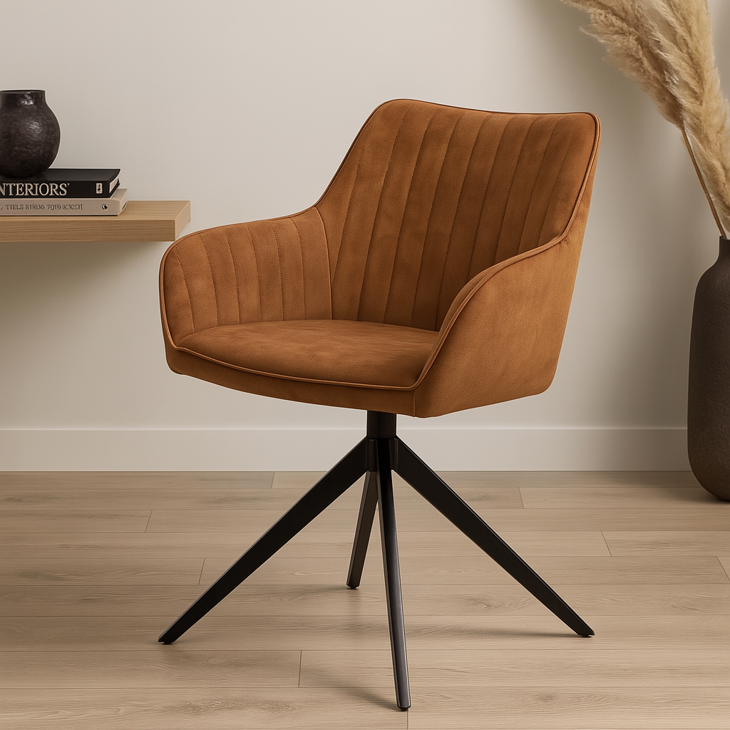 Draaibare eetkamerstoel met armleuning van cognac fluweel