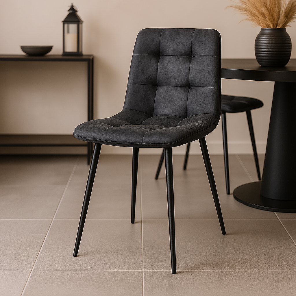 Antraciet stoel met zwart onderstel.