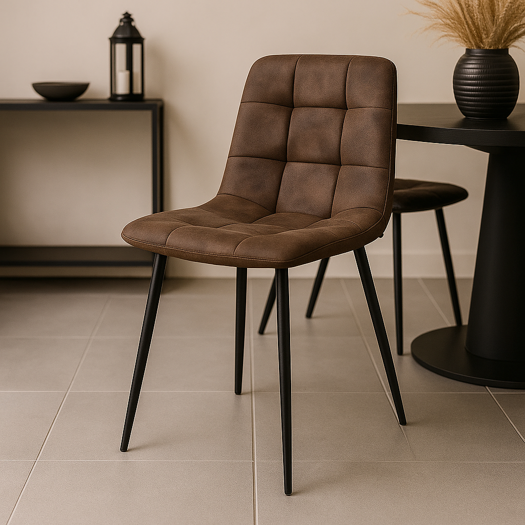 Donkerbruine stoel met zwart onderstel. 