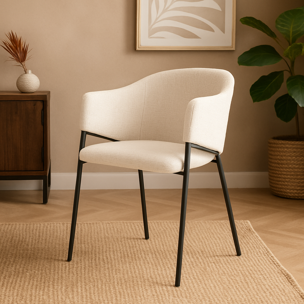 Luxe eetkamerstoel van beige linnen met zwart onderstel