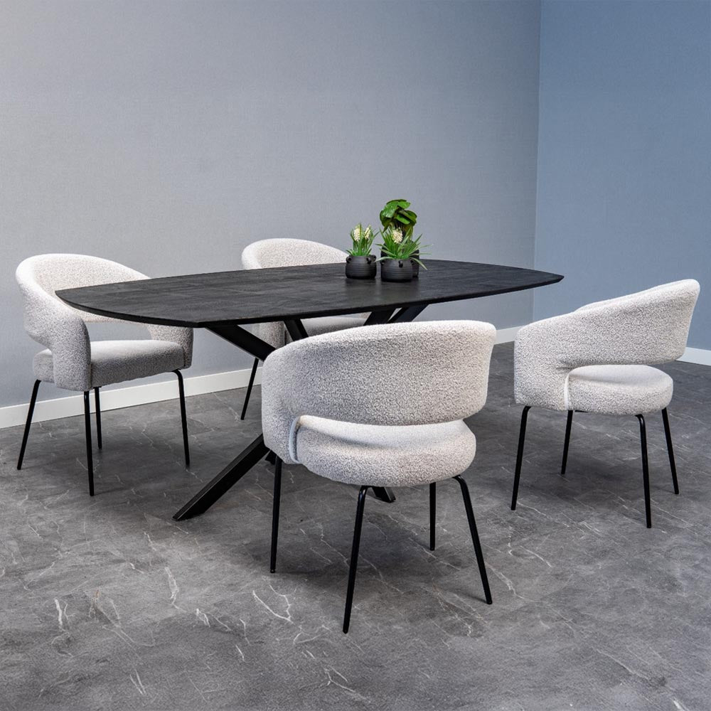 ronde eetkamerstoel beige boucle stof met open rug