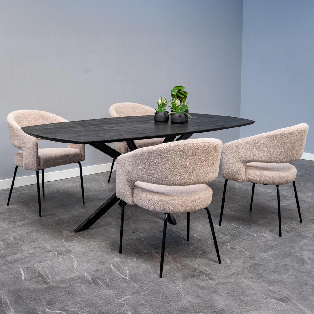 ronde eetkamerstoel zand boucle stof met open rug