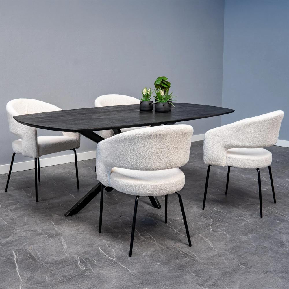 ronde eetkamerstoel wit boucle stof met open rug