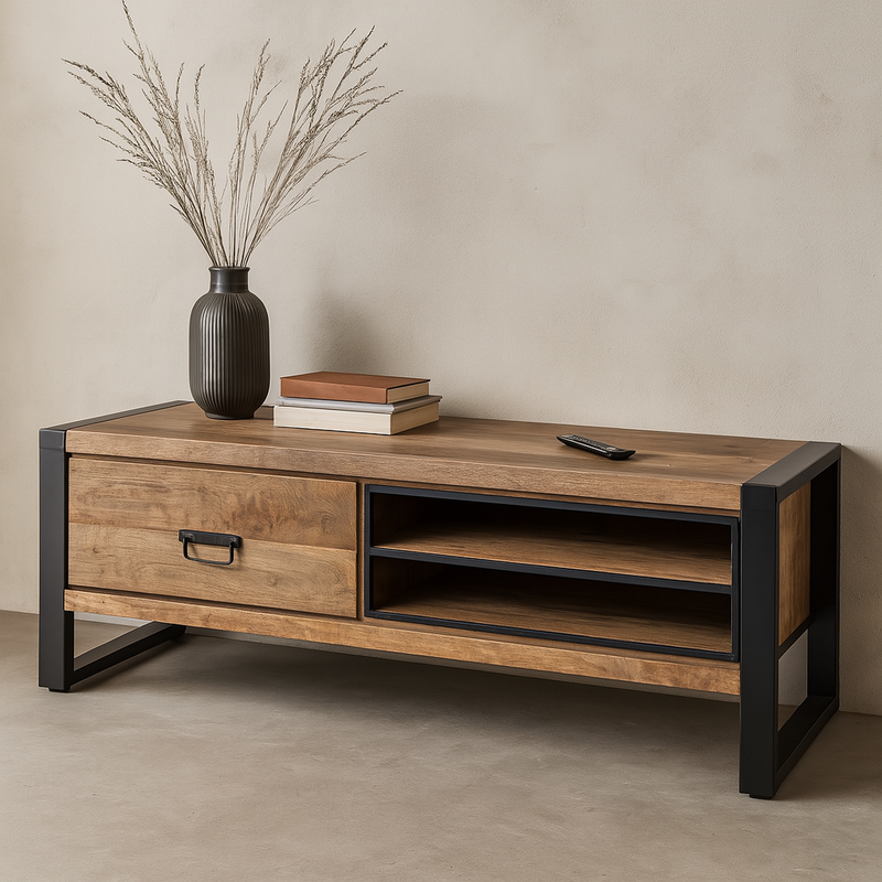 Mangohouten tv meubel met lade 130 cm breed