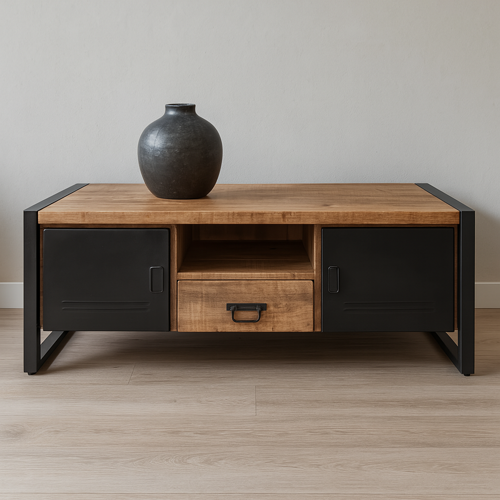 TV meubel in het zwart met hout. 