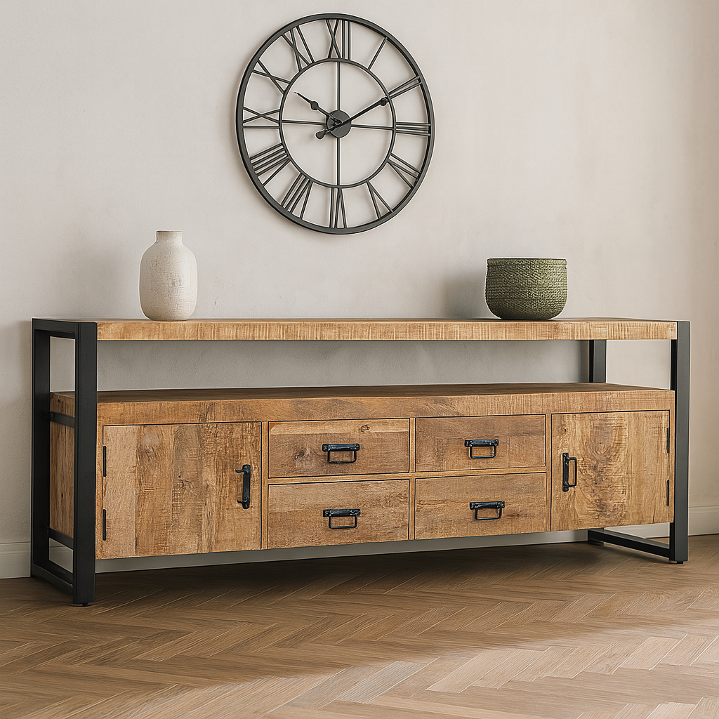 Tv meubel van mangohout met lades en deurtjes 190 cm