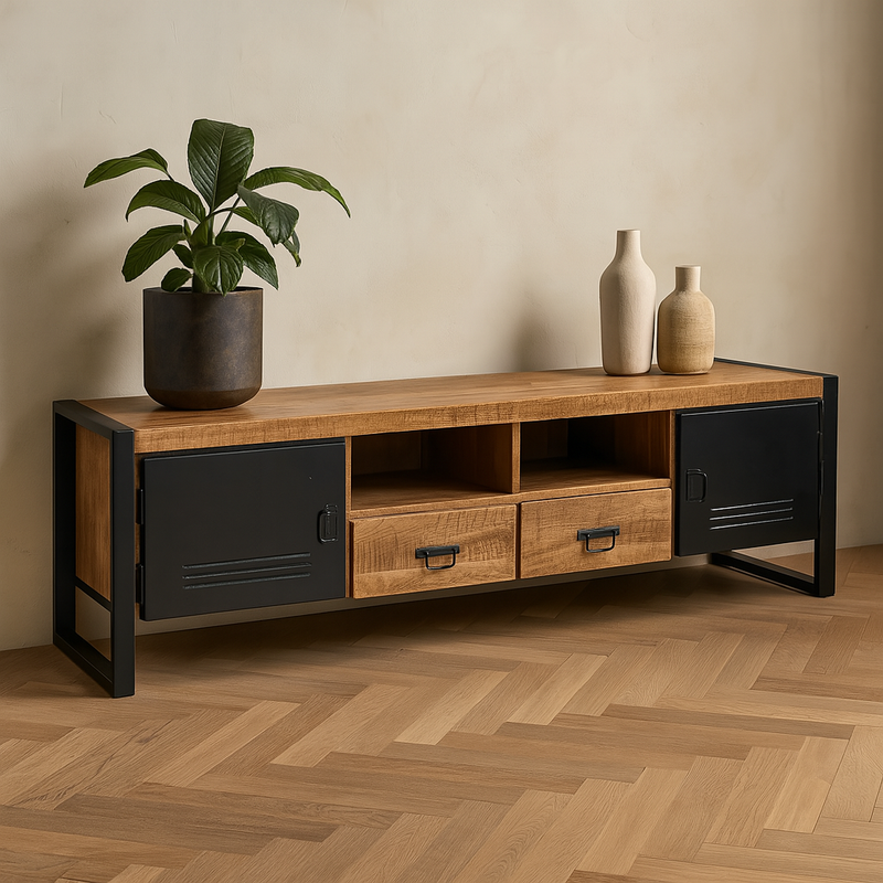 Tv meubel van mangohout met metalen deurtjes 205 cm
