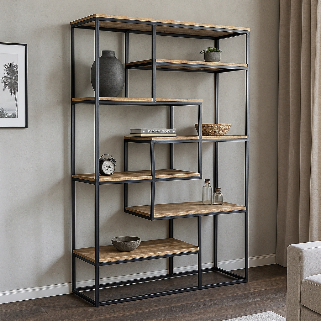 industriele open kast met mangohout en stalen frame 120 cm breed