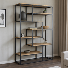 industriele open kast met mangohout en stalen frame 120 cm breed