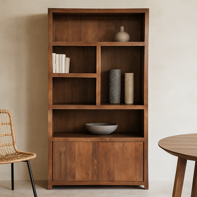 Mangohouten Wandkast Evan 120 cm Walnoot (5 open vakken, 2 deuren)