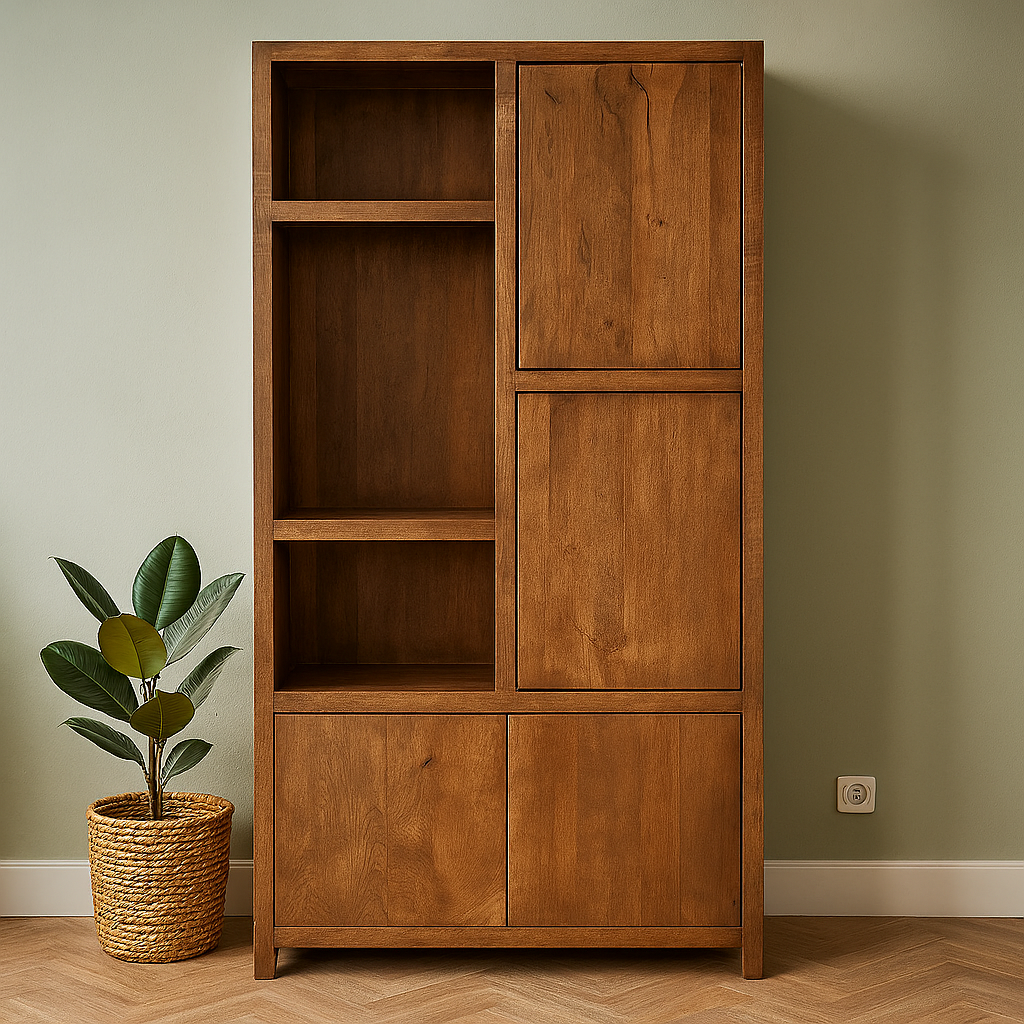Mangohouten Wandkast Evan 120 cm Walnoot (3 open vakken, 4 deuren)