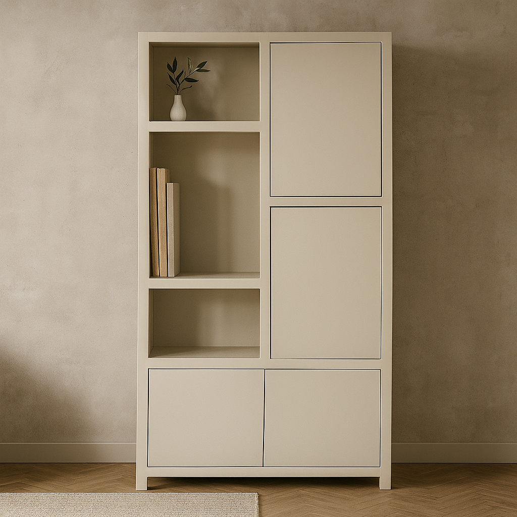 Mangohouten Wandkast Evan 120 cm Crème (3 open vakken, 4 deuren)