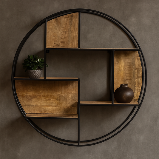 rond wandrek van mangohout met metalen frame