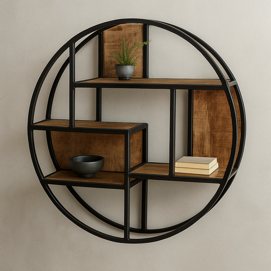 industrieel wandrek met metalen frame en mangohout