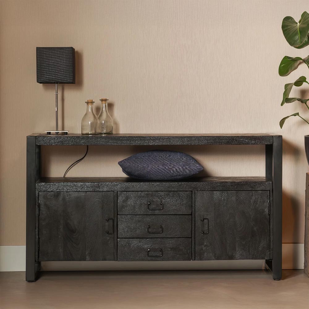 Dressoir zwart mangohout met deurtjes en lades 140 cm breed