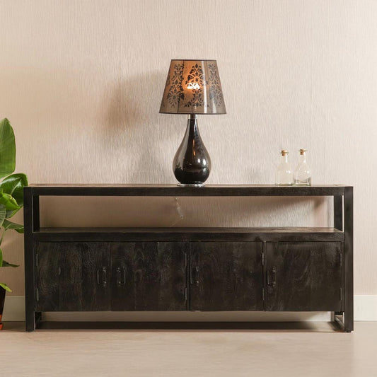 robuust zwart dressoir van mangohout met deurtjes 180 cm breed