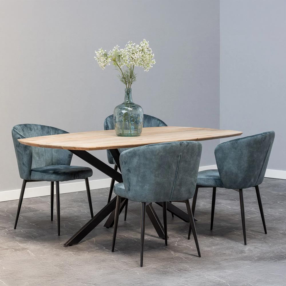 Eettafel deens ovaal met dun mangohouten blad en metalen spinpoot 160 cm breed