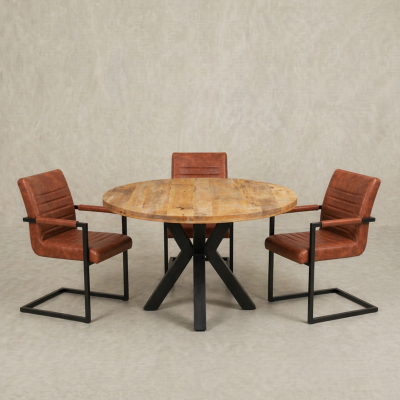 Lichtbruine ronde eettafel van mangohout met zwart onderstel