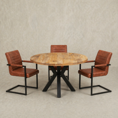 Lichtbruine ronde eettafel met zwart onderstel