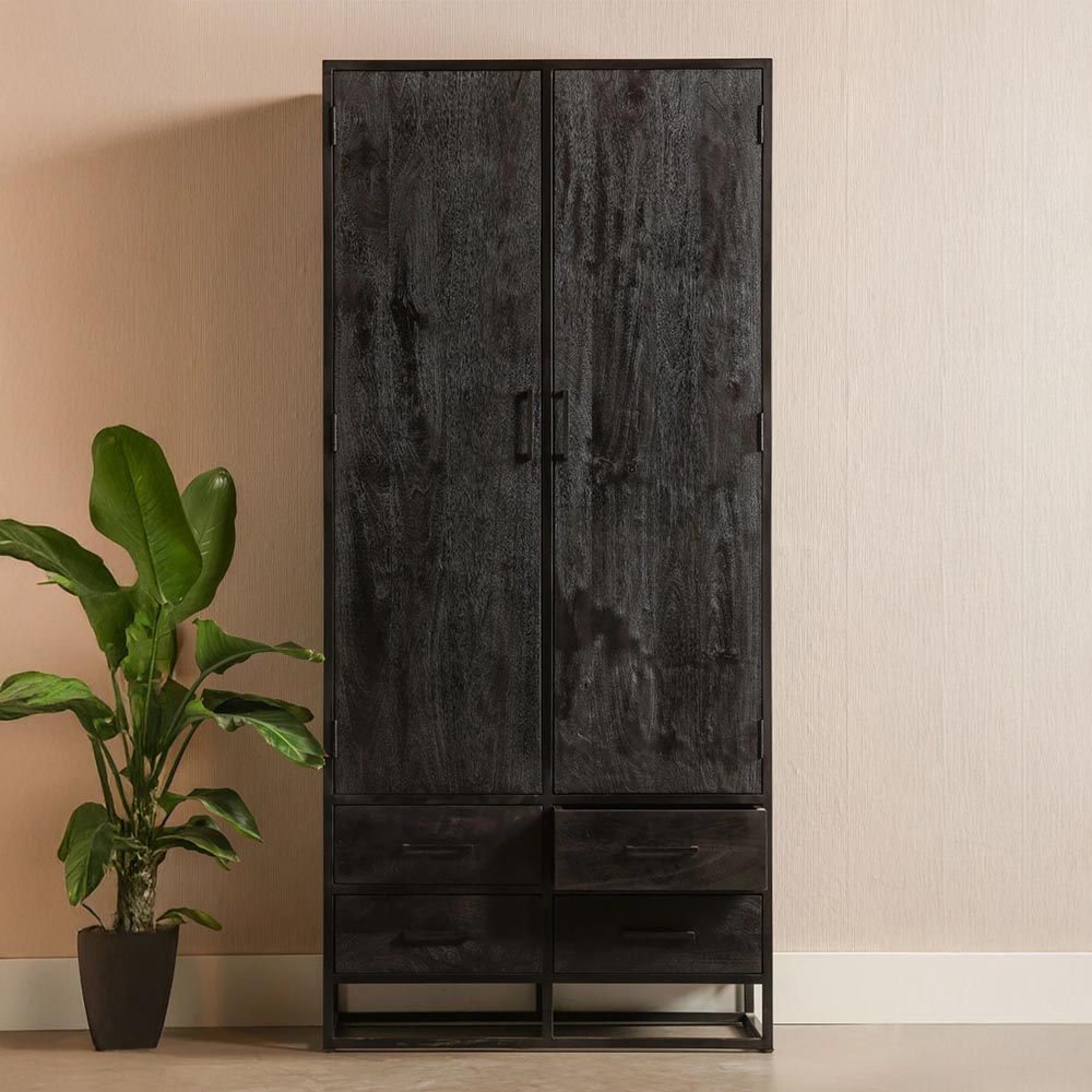 Zwarte wandkast van mangohout met lades 90 cm breed