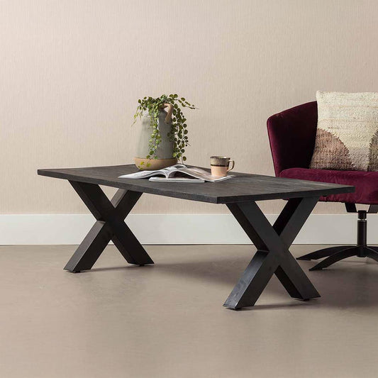 rechthoekige salontafel van mangohout met x-poot 130 cm