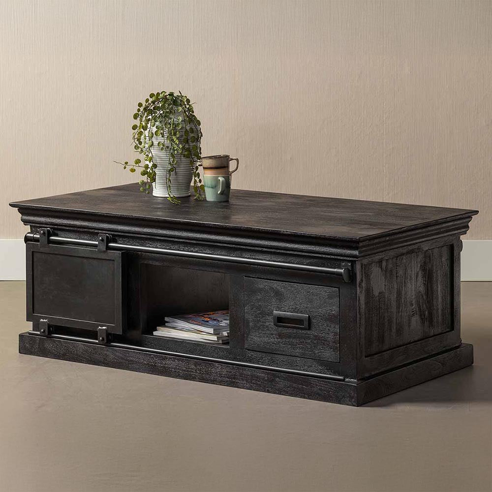 Zwarte salontafel met lades van mangohout 120 cm breed