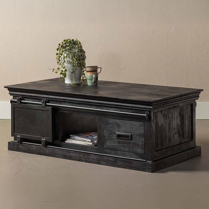 Zwarte salontafel met lades van mangohout 120 cm breed