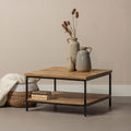 minimalistische salontafel van mangohout met een smal metalen frame 80x80 cm