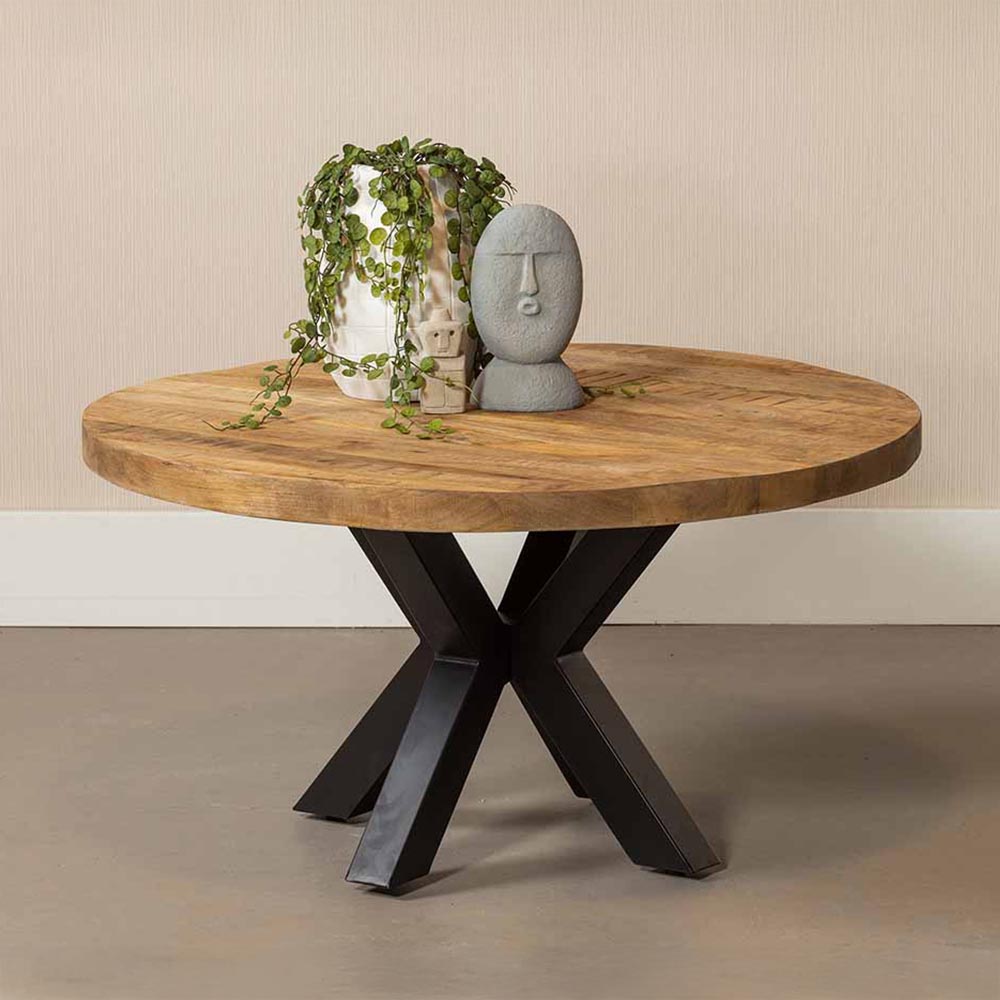 ronde salontafel van mangohout met metalen poot met diameter van 90 cm