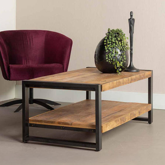 Eenvoudige salontafel van mangohout met dubbele laag 110 cm lang