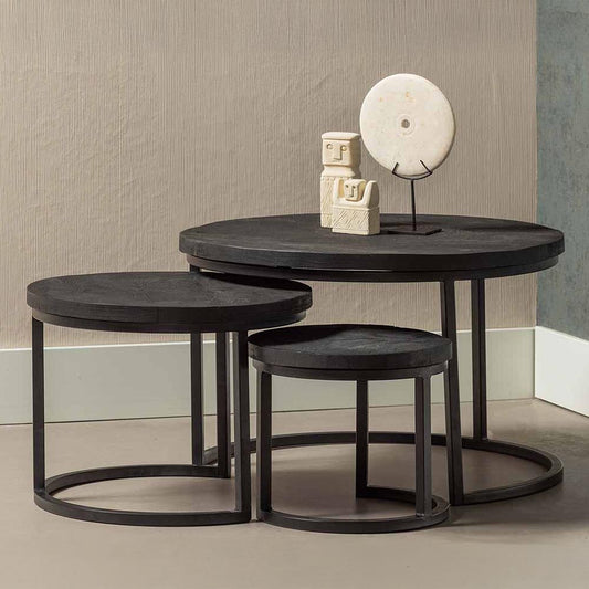 Set van 3 zwarte ronde salontafels van mangohout