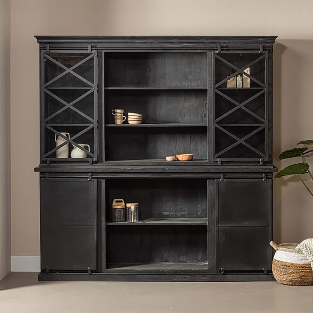 Mangohouten Buffetkast Milan 160 cm met Dubbele Deurtjes X Zwart