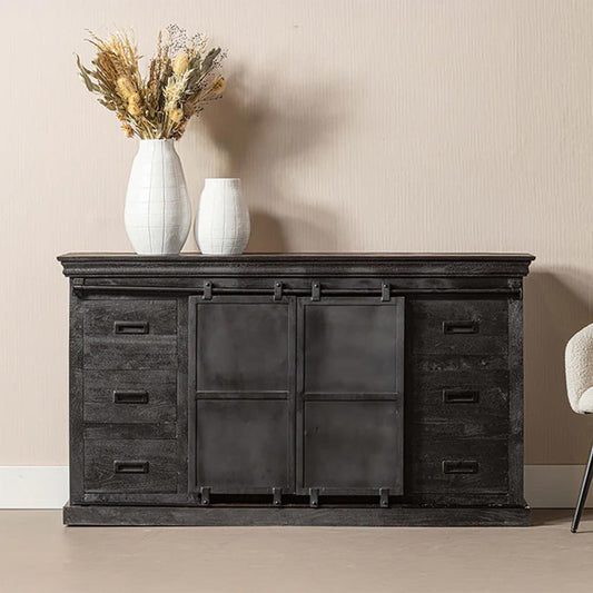 zwart mangohouten dressoir met metalen details 200 cm breed