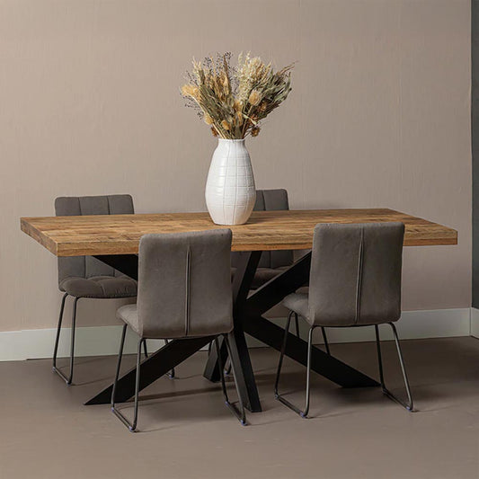 eettafel rechthoekig van mangohout met zwarte stalen poot 280 cm lang