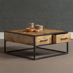Vierkante salontafel van mangohout met lades aan beide zijdes 80x80 cm