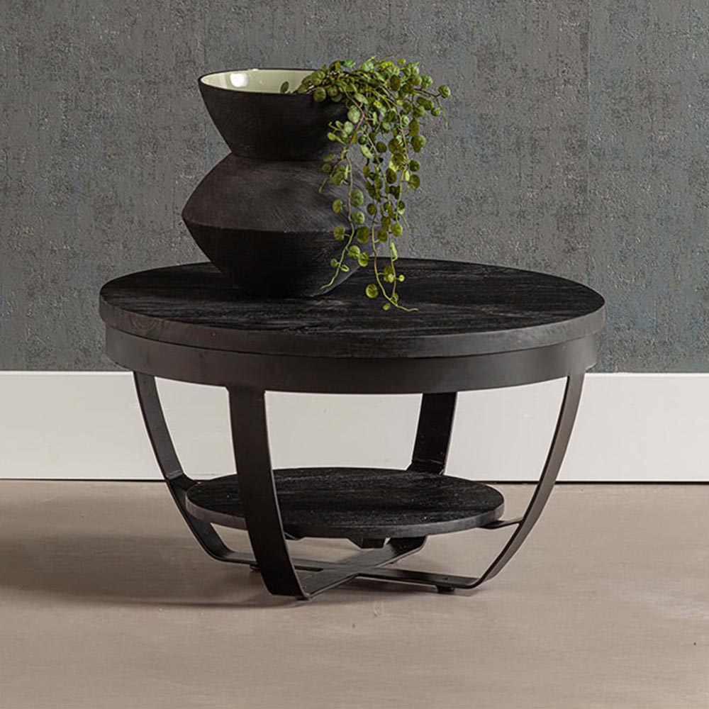 Zwarte ronde salontafel van mangohout met metalen accenten 65 cm breed