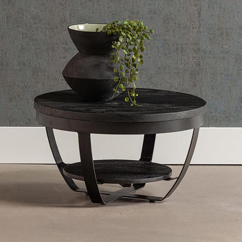 Zwarte ronde salontafel van mangohout met metalen accenten 65 cm breed