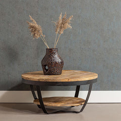 Ronde salontafel van mangohout met plateau en metalen details 90 cm breed