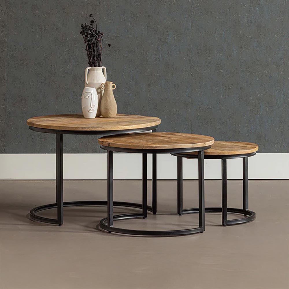 Set ronde salontafels XL van mangohout (set van 3)