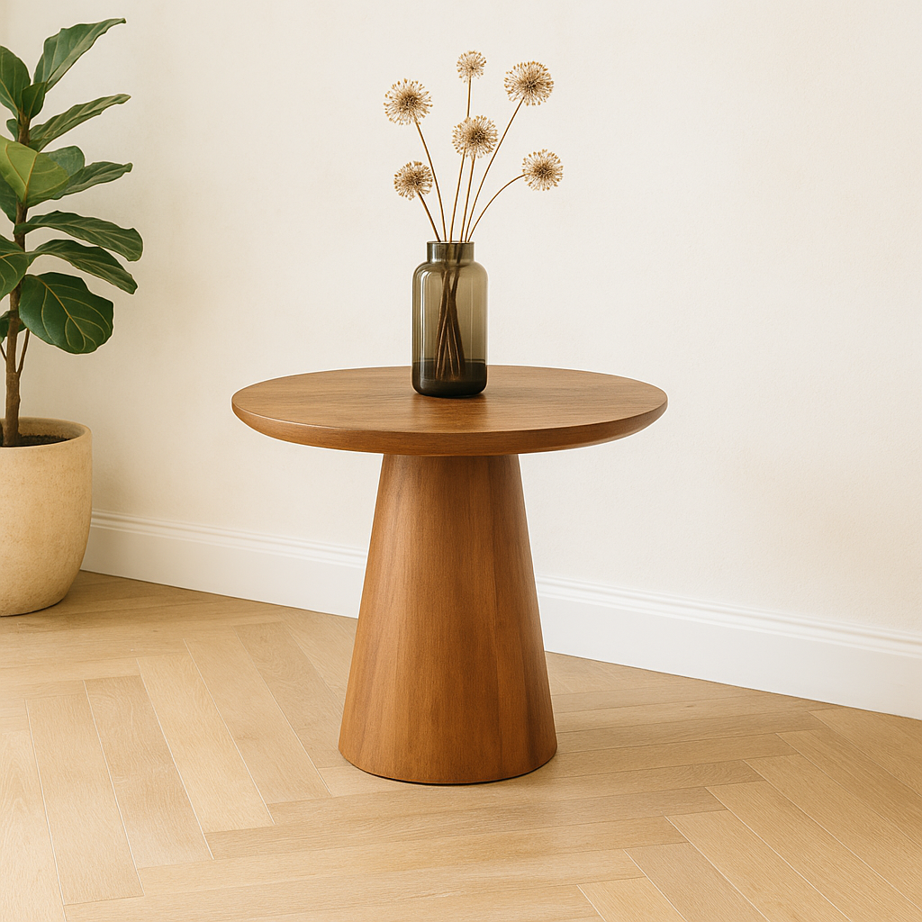 Bruine ronde salontafel.