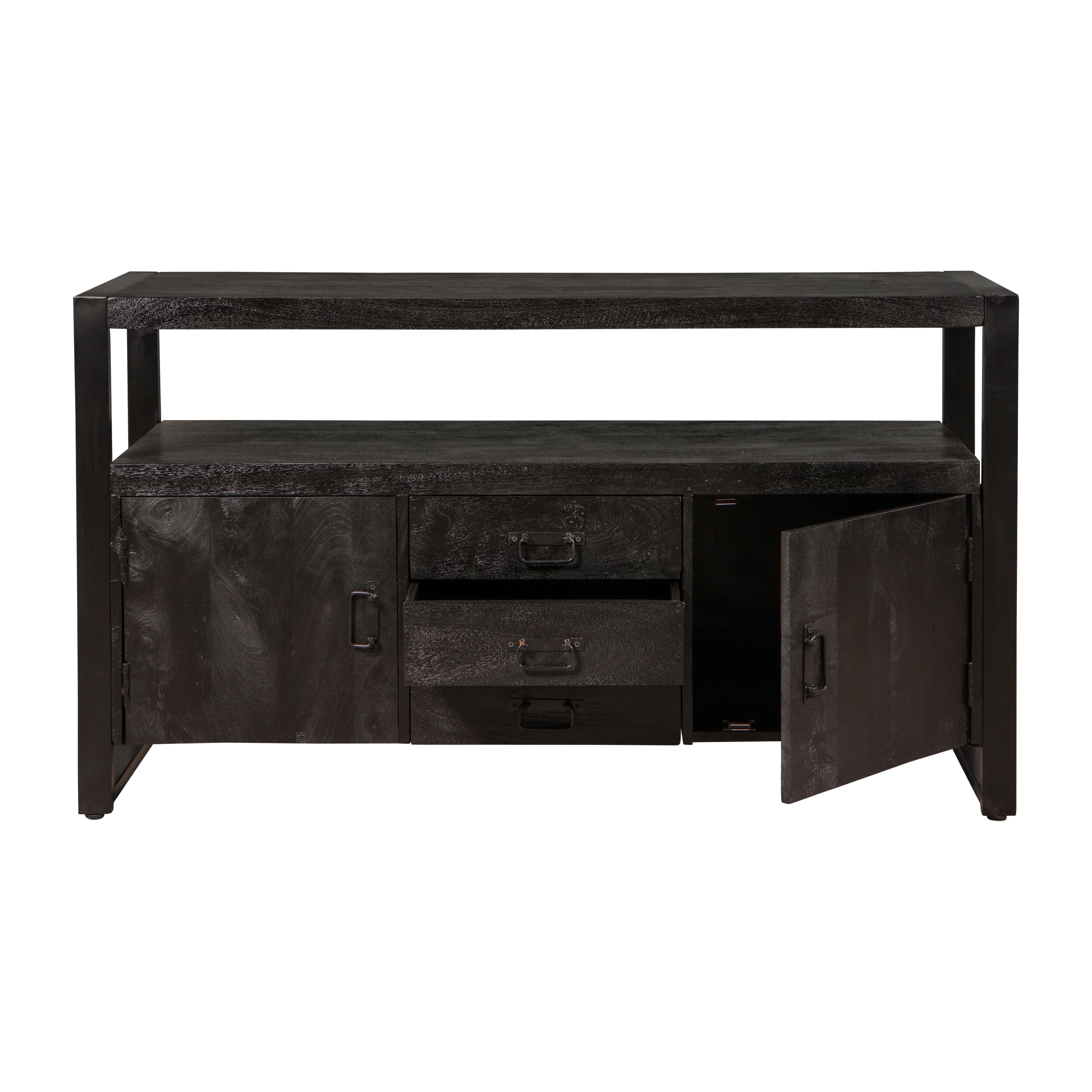robuust dressoir zwart mangohout met deurtjes en lades 140 cm breed