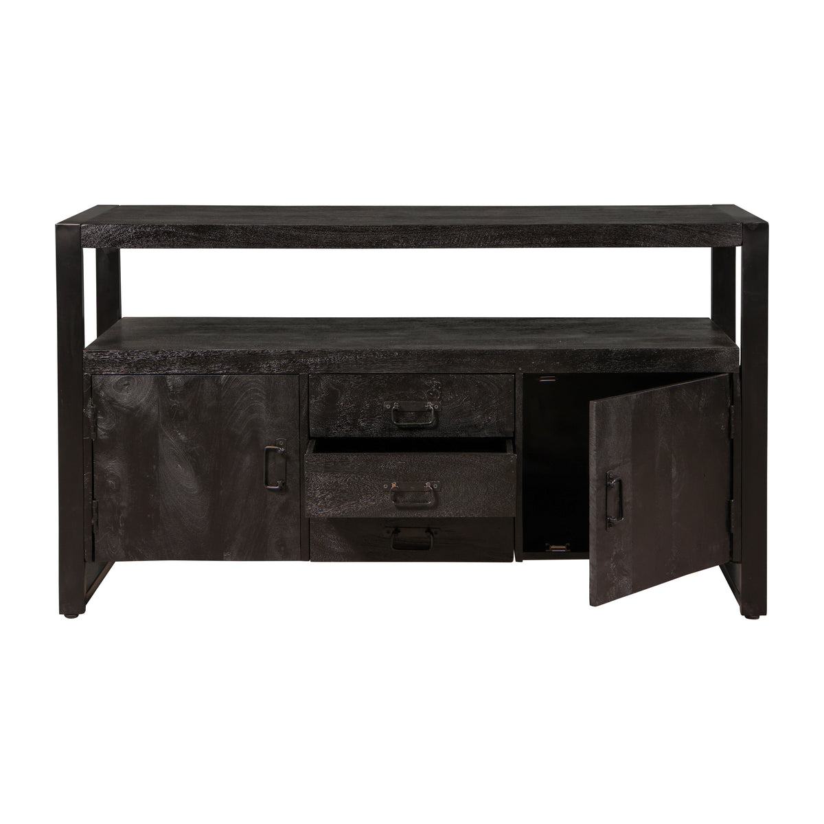 robuust dressoir zwart mangohout met deurtjes en lades 140 cm breed