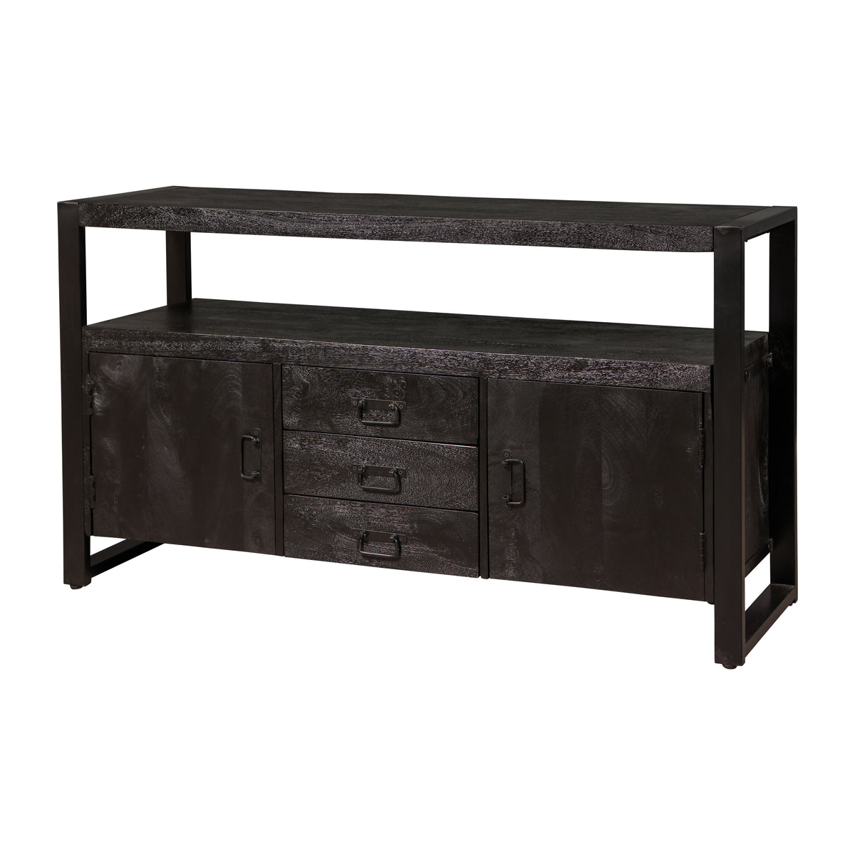 robuust dressoir zwart mangohout met deurtjes en lades 140 cm breed