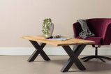 stoere industriele salontafel met rechthoekig mangohouten blad 130 cm lang