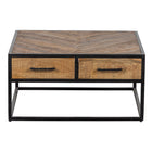 vierkante salontafel van mangohout met lades aan beide zijdes 80x80 cm
