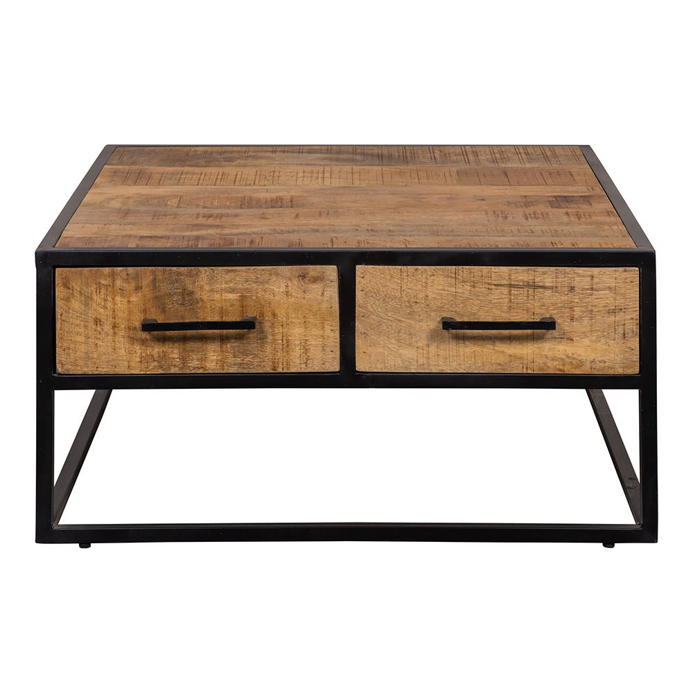vierkante salontafel van mangohout met lades aan beide zijdes 80x80 cm